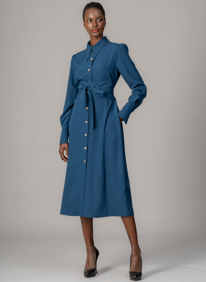 Allegra Prussian Blue Everyday Midi Shirt Dress with Obi Belt
