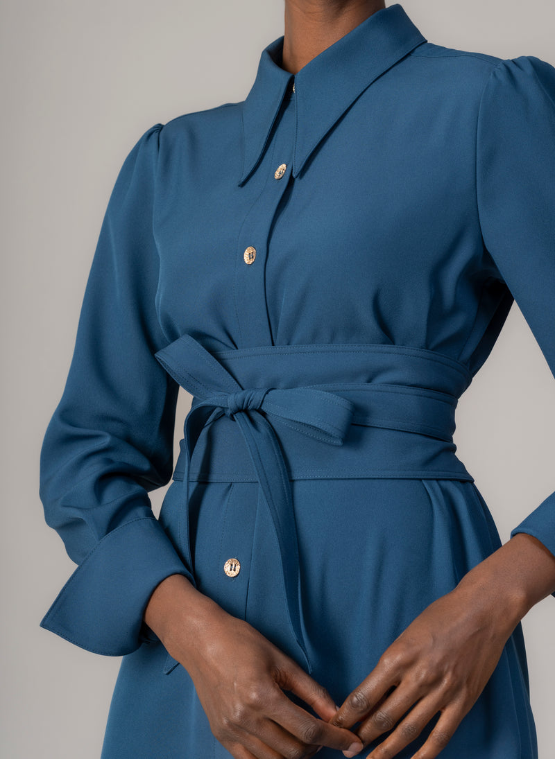 Allegra Prussian Blue Everyday Midi Shirt Dress with Obi Belt