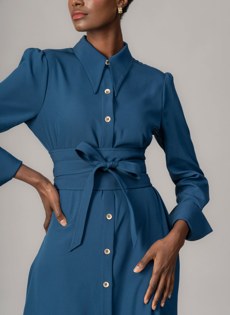 Allegra Prussian Blue Everyday Midi Shirt Dress with Obi Belt