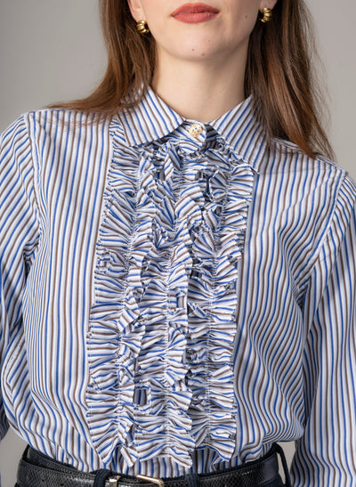 Angelique Navy & Brown Stripe Frill Front Shirt