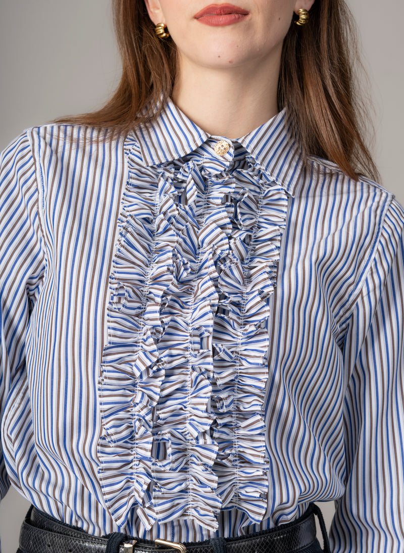 Angelique Navy & Brown Stripe Frill Front Shirt
