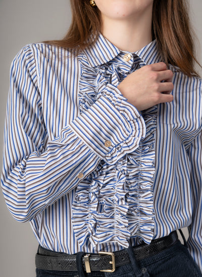 Angelique Navy & Brown Stripe Frill Front Shirt