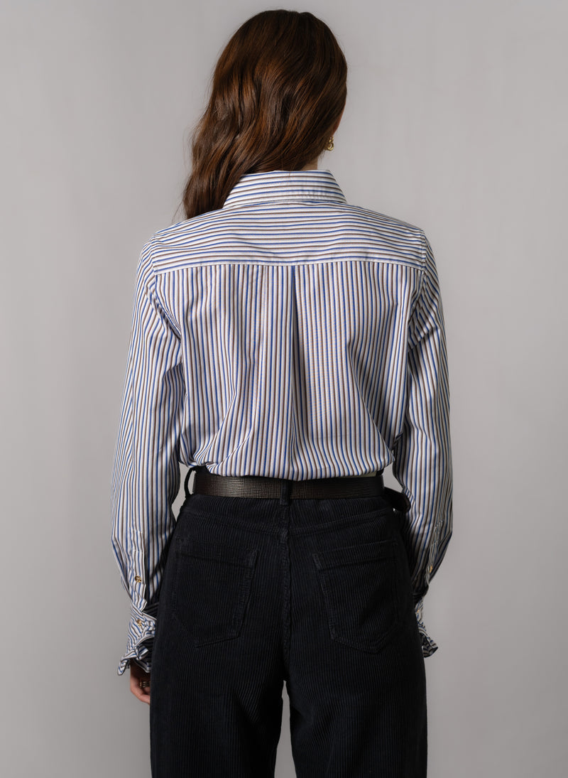 Angelique Navy & Brown Stripe Frill Front Shirt