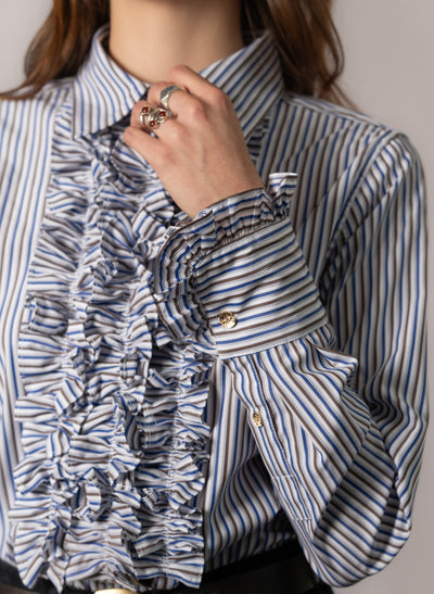 Angelique Navy & Brown Stripe Frill Front Shirt