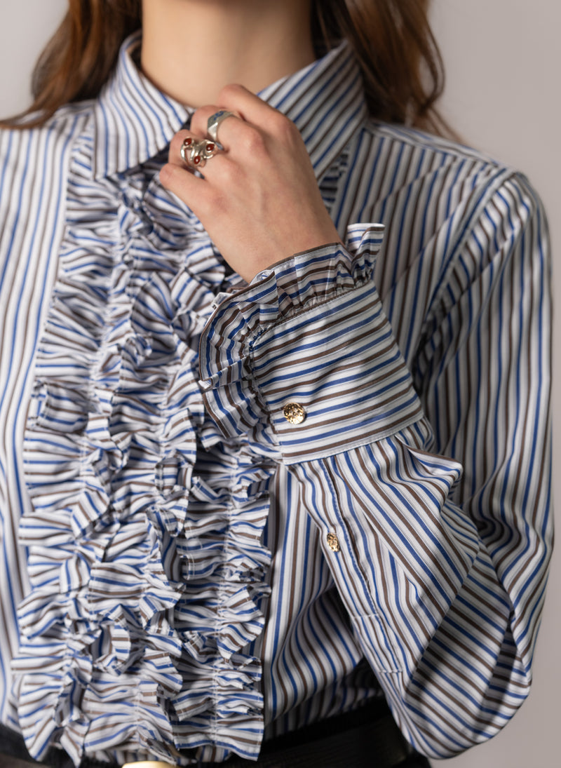 Angelique Navy & Brown Stripe Frill Front Shirt