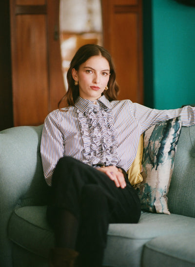 Angelique Navy & Brown Stripe Frill Front Shirt