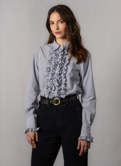 Angelique Navy & Brown Stripe Frill Front Shirt
