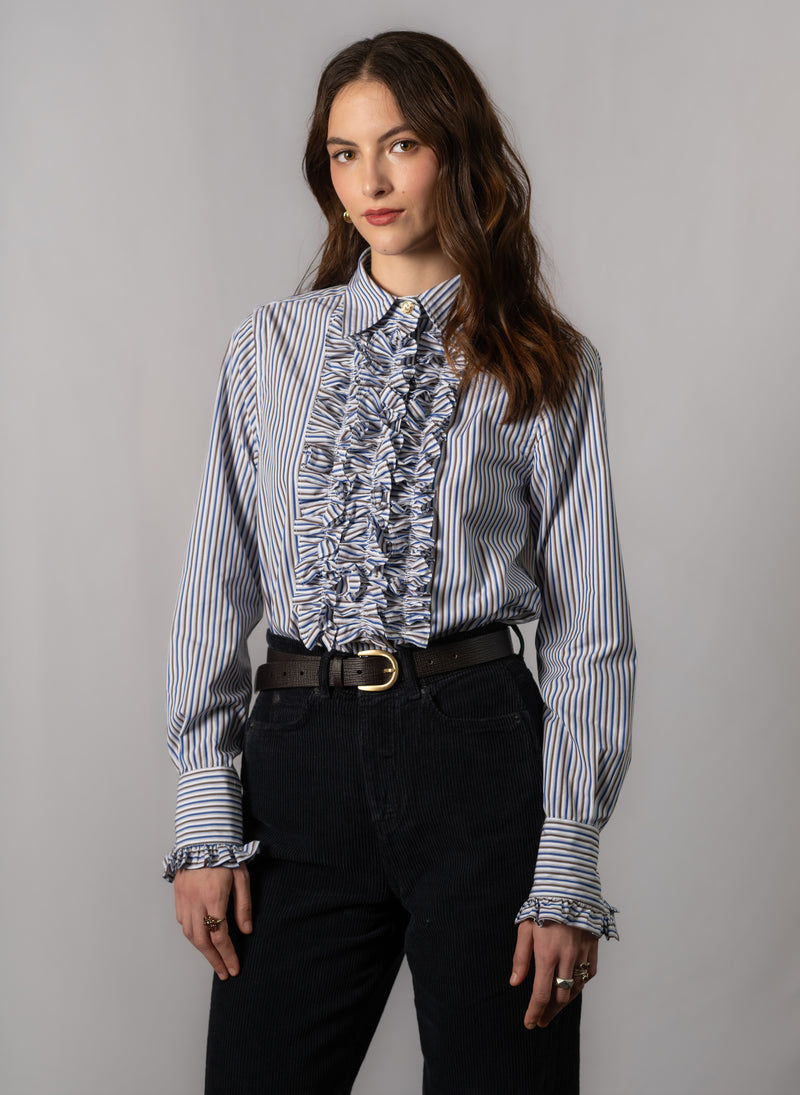 Angelique Navy & Brown Stripe Frill Front Shirt