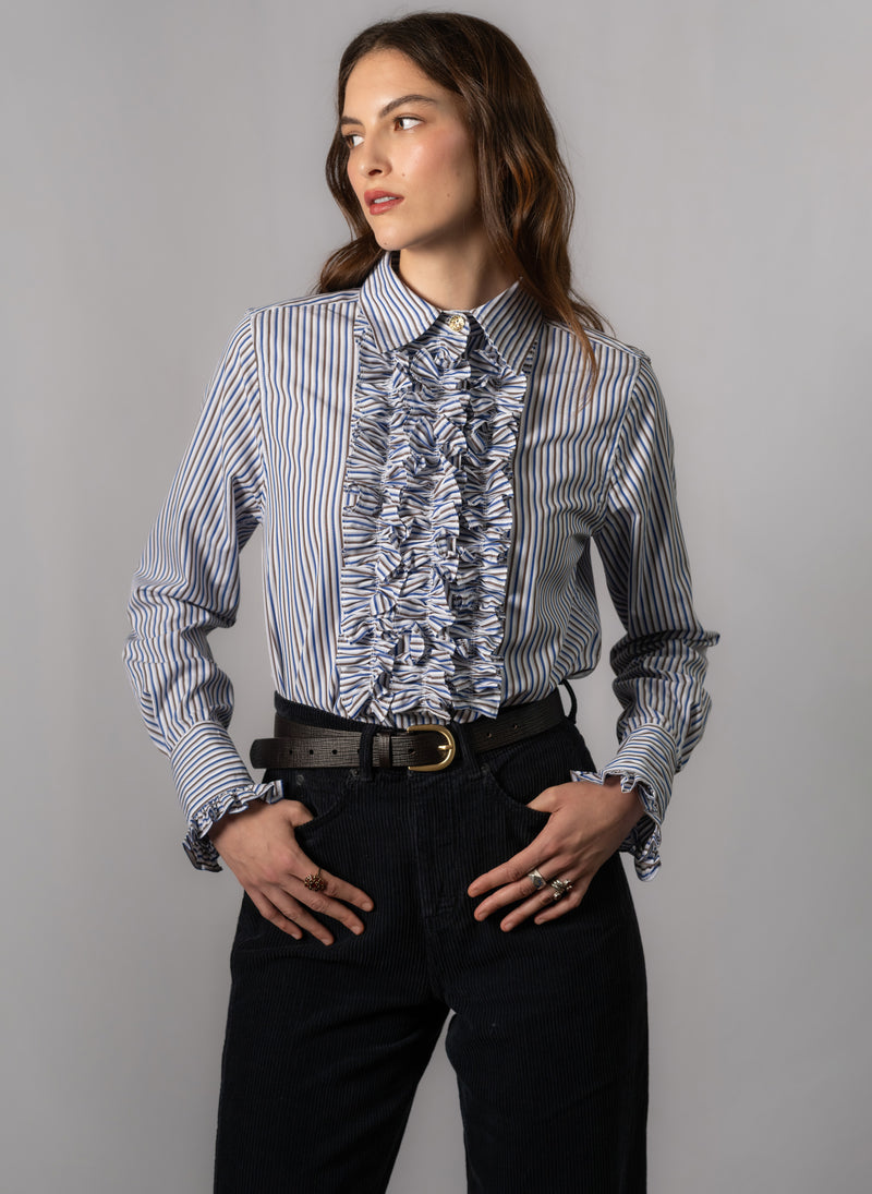 Angelique Navy & Brown Stripe Frill Front Shirt