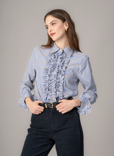 Angelique Navy & Brown Stripe Frill Front Shirt