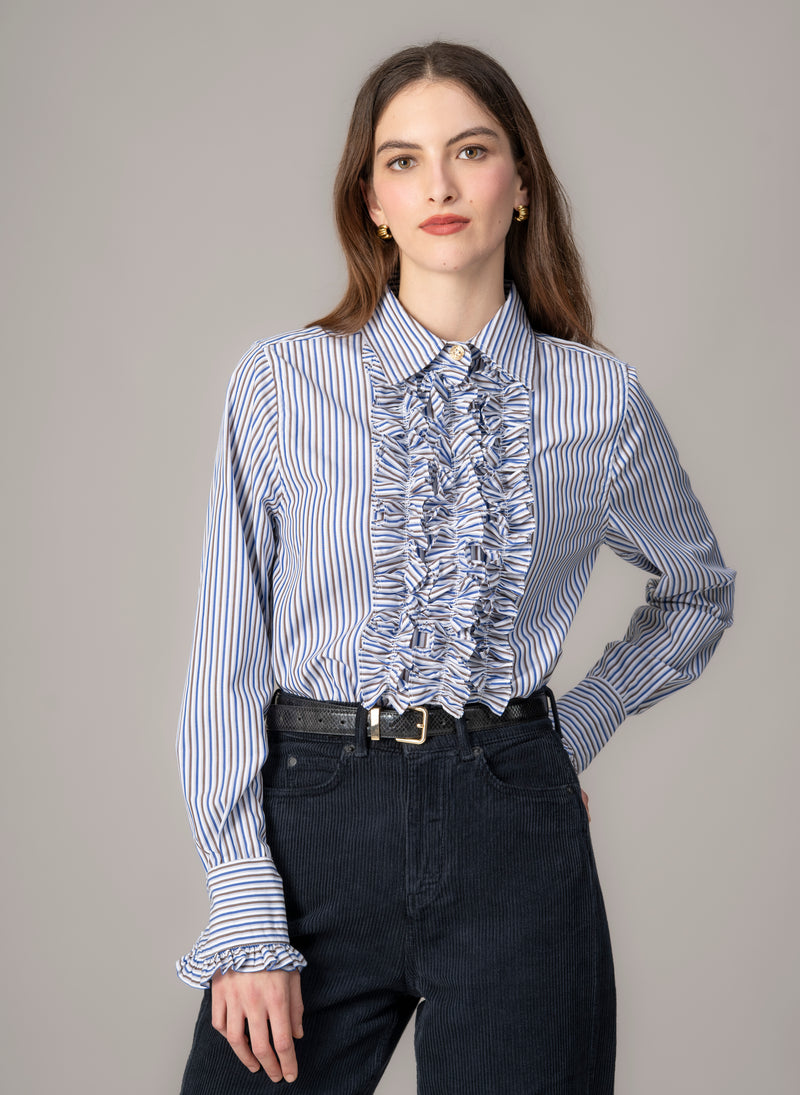 Angelique Navy & Brown Stripe Frill Front Shirt