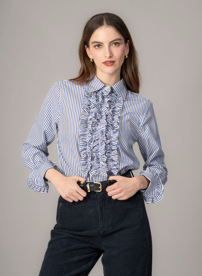 Angelique Navy & Brown Stripe Frill Front Shirt