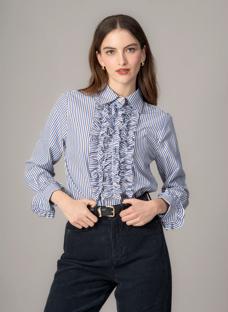 Angelique Navy & Brown Stripe Frill Front Shirt