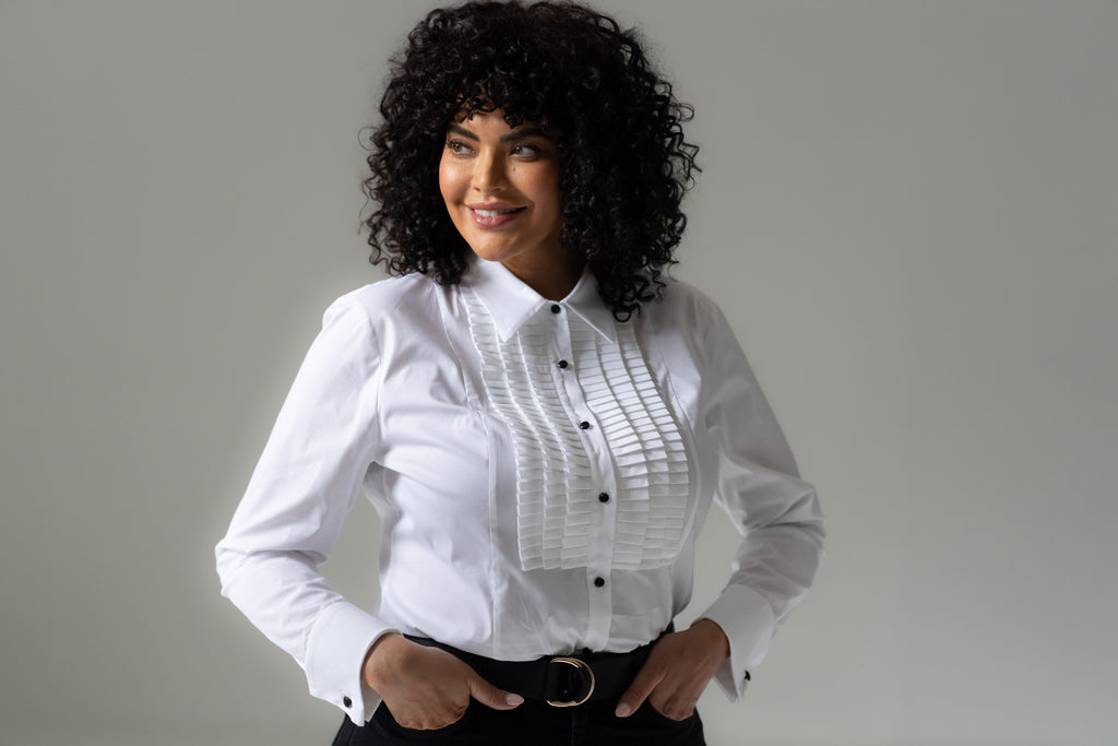 Antoinette Curve Tailored Fit Pleated Tuxedo Cotton Poplin