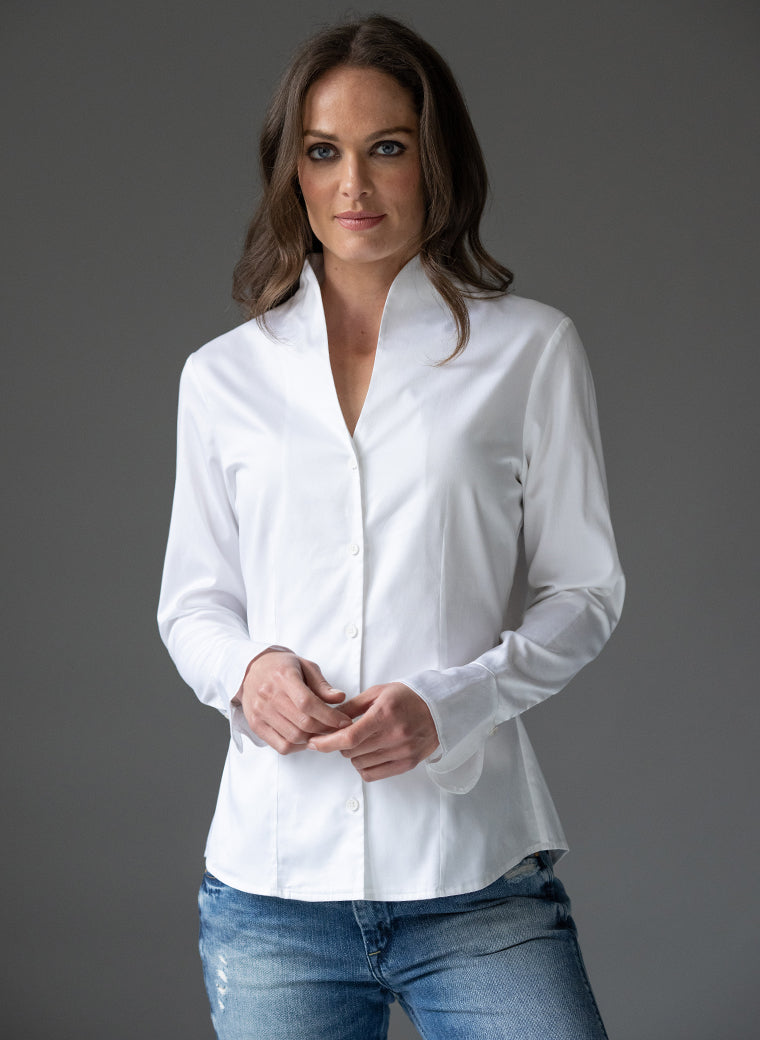 Aria White Women’s Tulip Neck Shirt | The Shirt Company