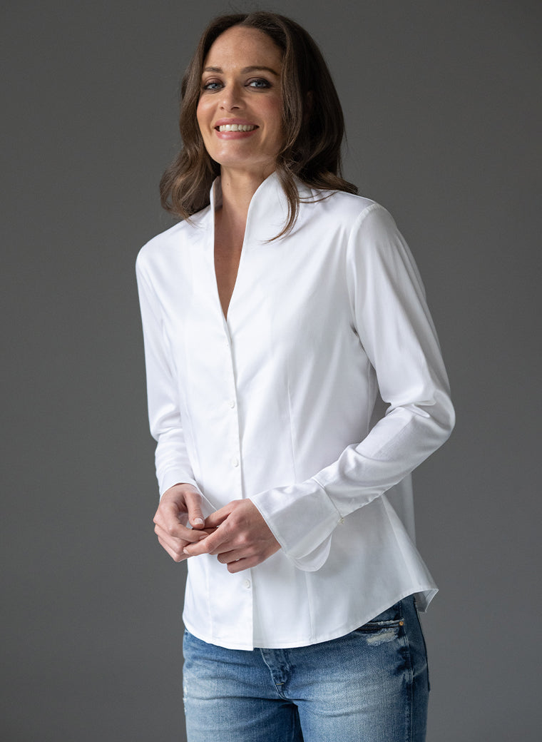ARIA WHITE TULIP NECK COTTON SHIRT