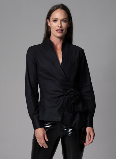 BARBARA BLACK EVENING BLOUSE WITH BOW & REMOVABLE ROSETTE
