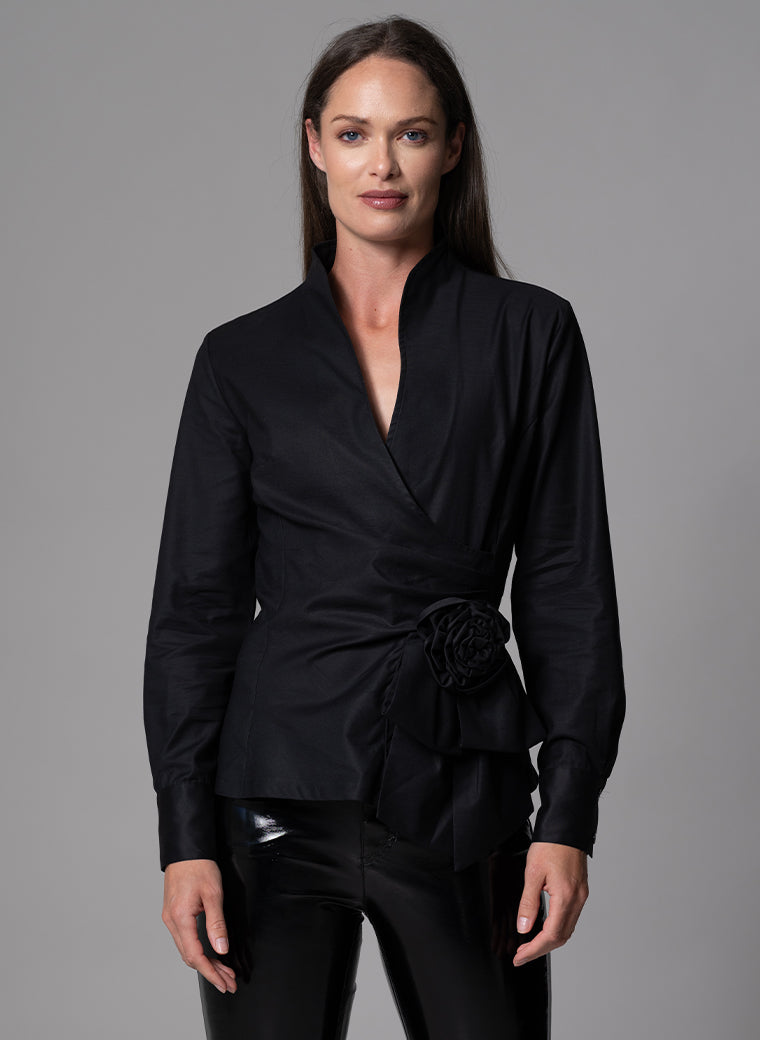 BARBARA BLACK EVENING BLOUSE WITH BOW & REMOVABLE ROSETTE
