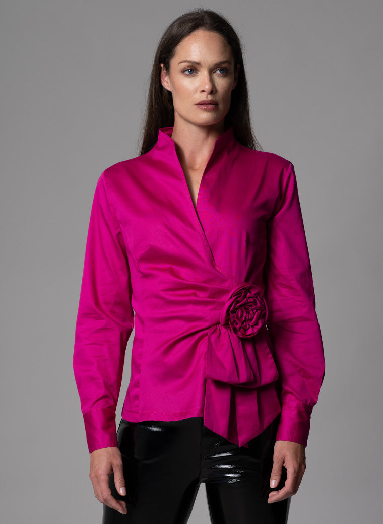 BARBARA FUCHSIA EVENING BLOUSE WITH BOW & REMOVABLE ROSETTE