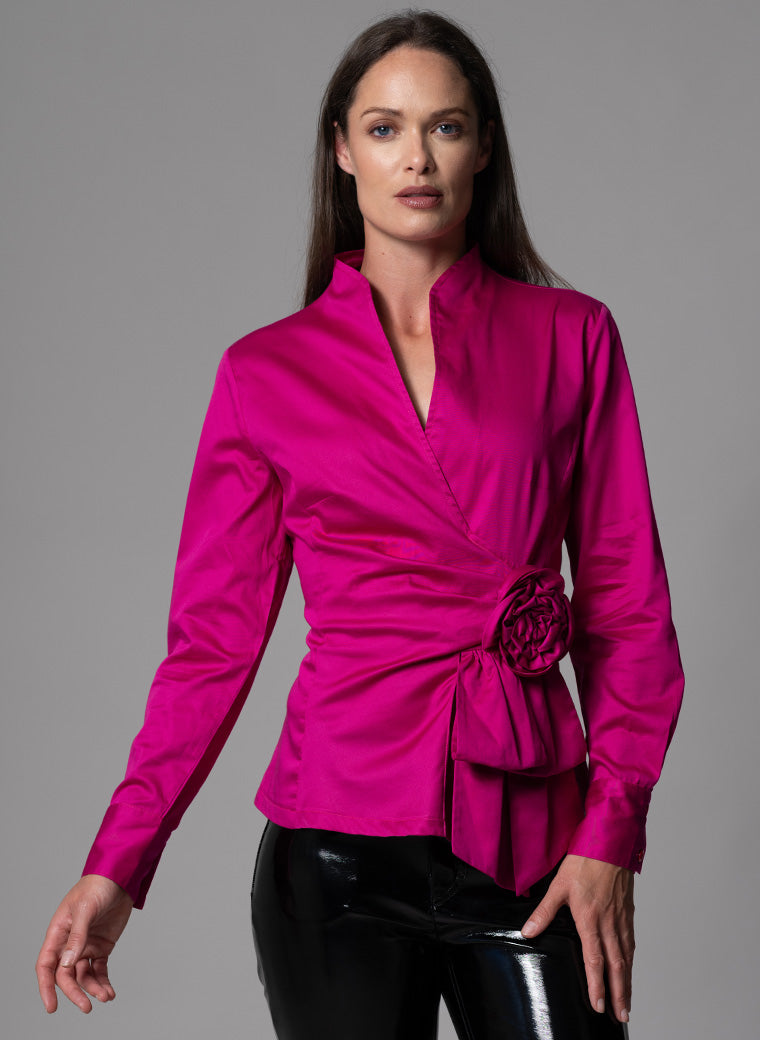 BARBARA FUCHSIA EVENING BLOUSE WITH BOW & REMOVABLE ROSETTE