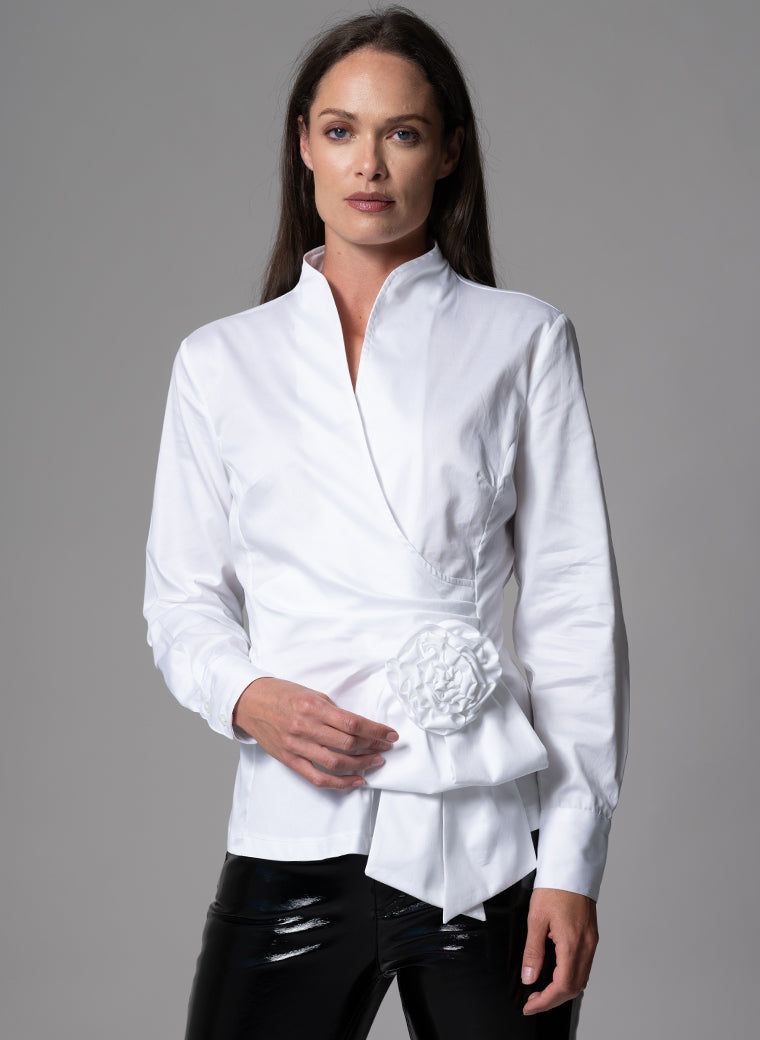 BARBARA WHITE EVENING BLOUSE WITH BOW & REMOVABLE ROSETTE