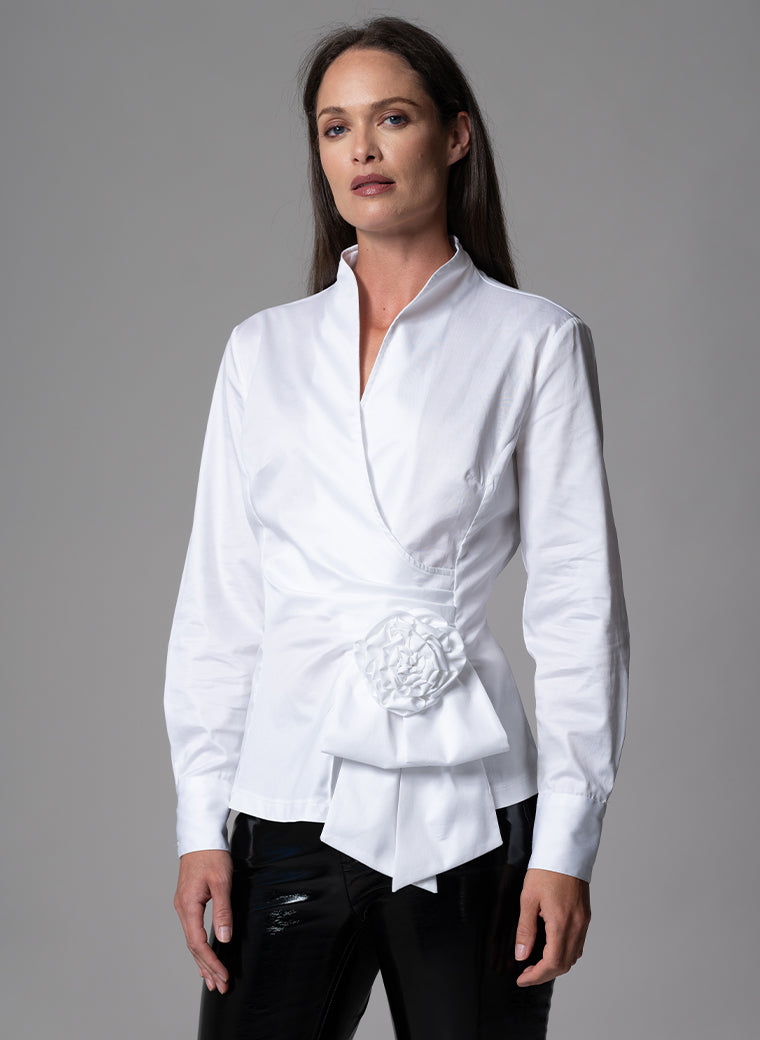 BARBARA WHITE EVENING BLOUSE WITH BOW & REMOVABLE ROSETTE