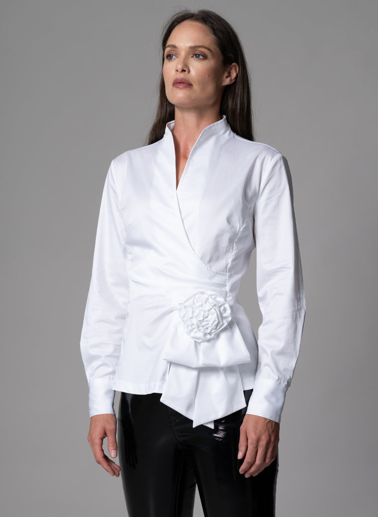 BARBARA WHITE EVENING BLOUSE WITH BOW & REMOVABLE ROSETTE