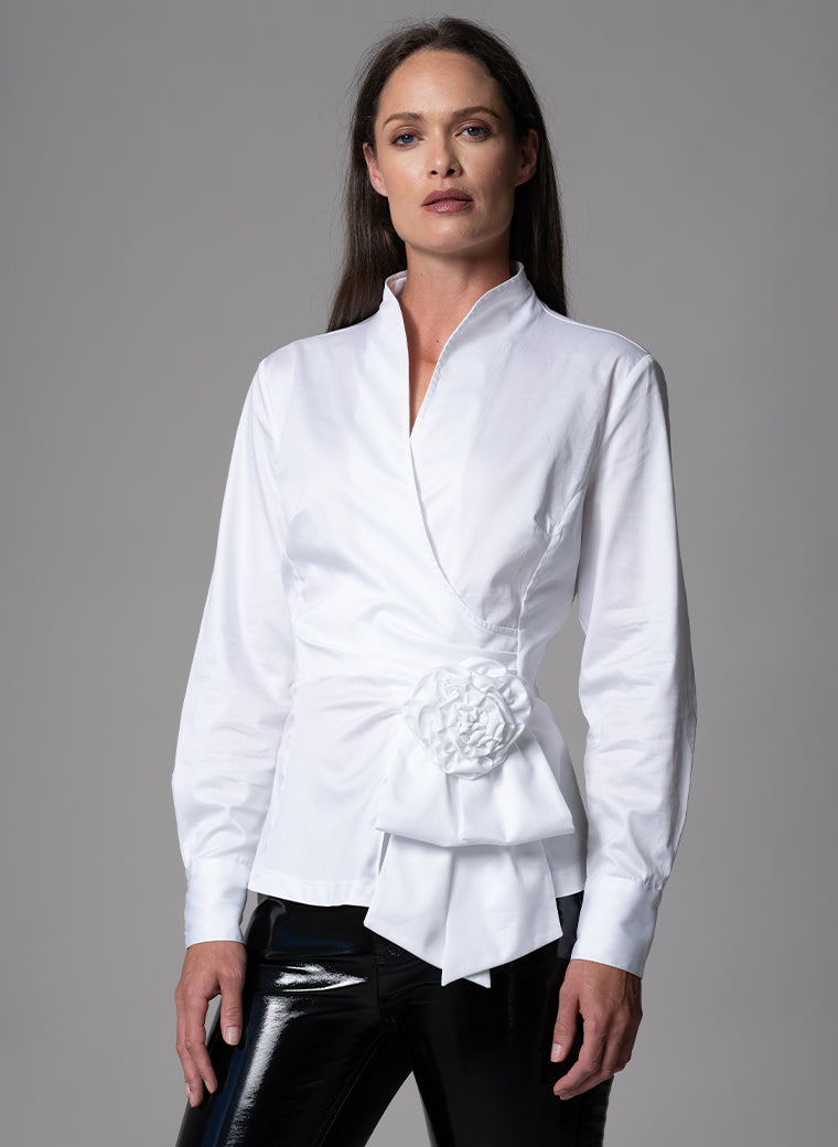 BARBARA WHITE EVENING BLOUSE WITH BOW & REMOVABLE ROSETTE