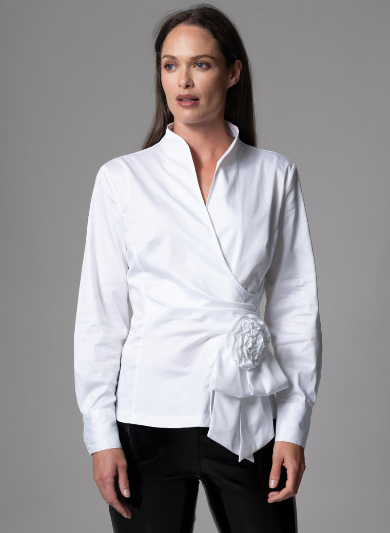 BARBARA WHITE EVENING BLOUSE WITH BOW & REMOVABLE ROSETTE