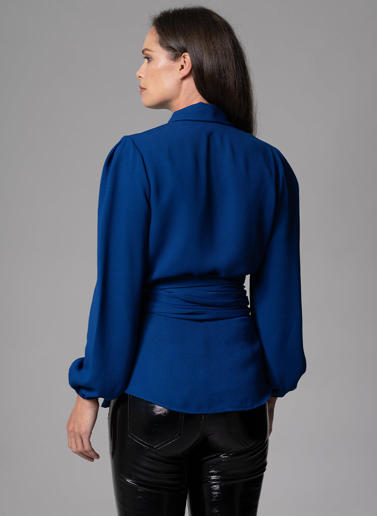 BERTILLE ROYAL BLUE FIT & FLARE WRAP BLOUSE WITH TIE FRONT