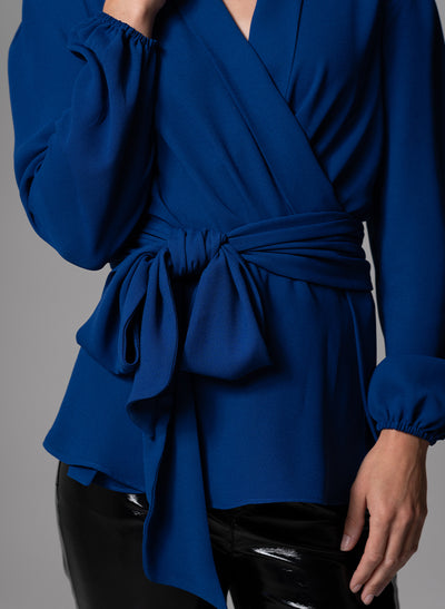 BERTILLE ROYAL BLUE FIT & FLARE WRAP BLOUSE WITH TIE FRONT