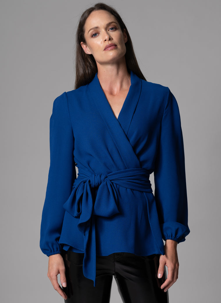 BERTILLE ROYAL BLUE FIT & FLARE WRAP BLOUSE WITH TIE FRONT