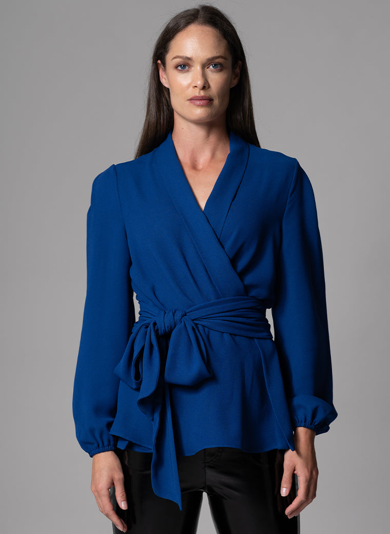 BERTILLE ROYAL BLUE FIT & FLARE WRAP BLOUSE WITH TIE FRONT