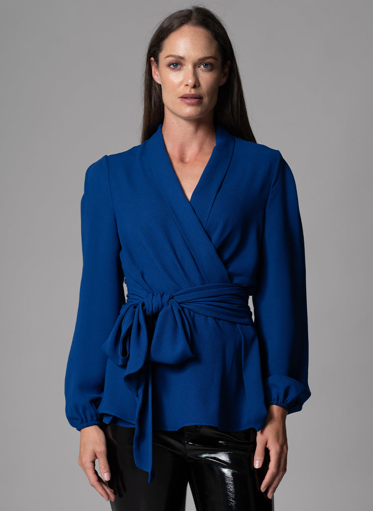 BERTILLE ROYAL BLUE FIT & FLARE WRAP BLOUSE WITH TIE FRONT