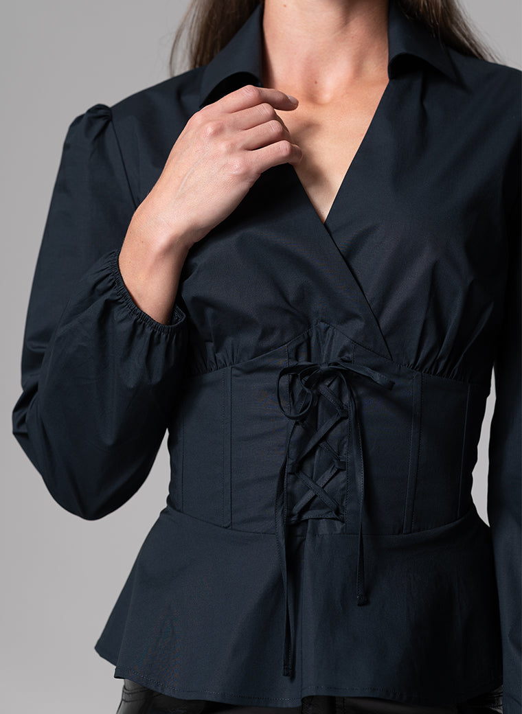 BONITA BLACK WAIST DEFINING COTTON POPLIN CORSET SHIRT