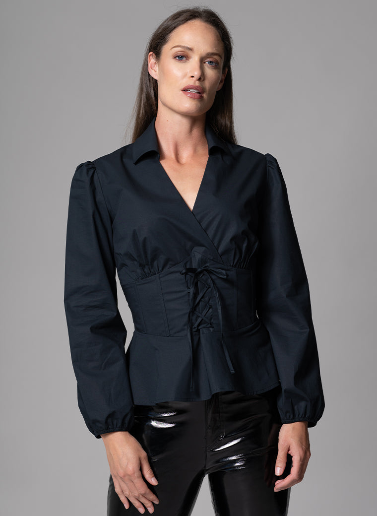 BONITA BLACK WAIST DEFINING COTTON POPLIN CORSET SHIRT