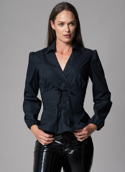 BONITA BLACK WAIST DEFINING COTTON POPLIN CORSET SHIRT