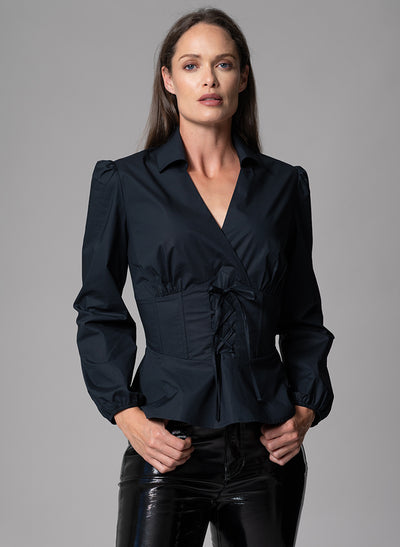 BONITA BLACK WAIST DEFINING COTTON POPLIN CORSET SHIRT