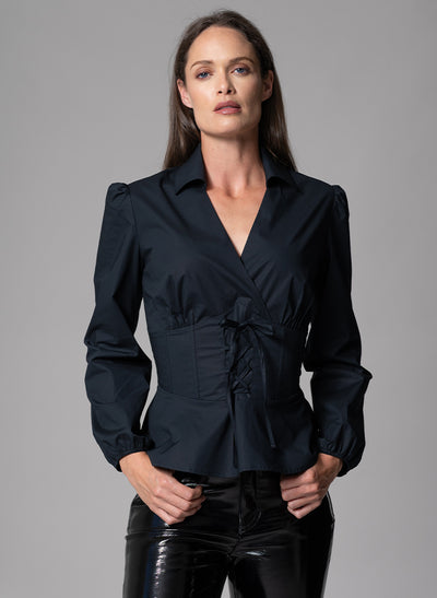 BONITA BLACK WAIST DEFINING COTTON POPLIN CORSET SHIRT