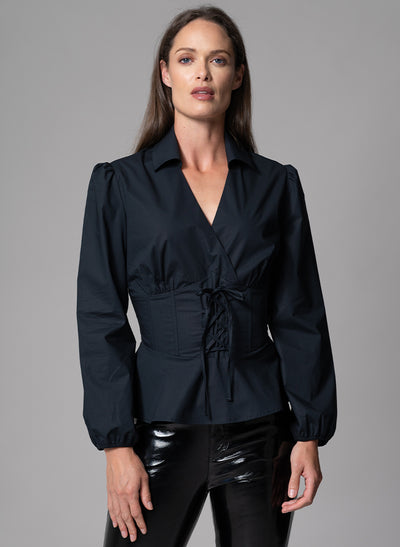 BONITA BLACK WAIST DEFINING COTTON POPLIN CORSET SHIRT