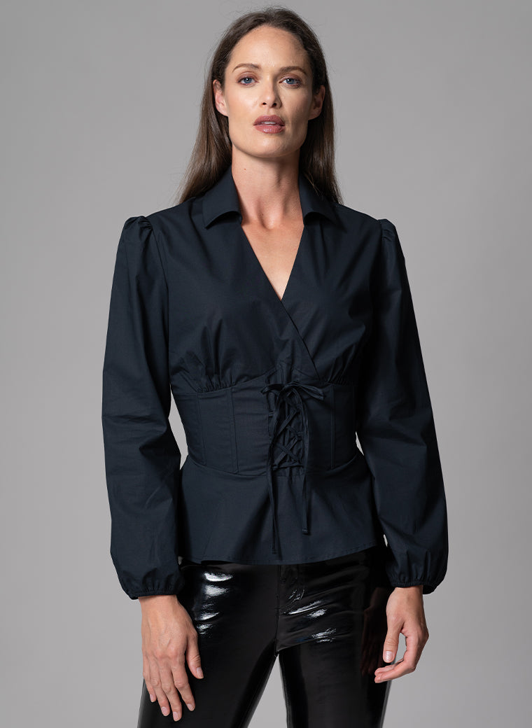 BONITA BLACK WAIST DEFINING COTTON POPLIN CORSET SHIRT