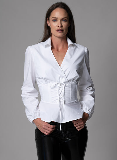 BONITA IVORY WAIST DEFINING COTTON POPLIN CORSET SHIRT