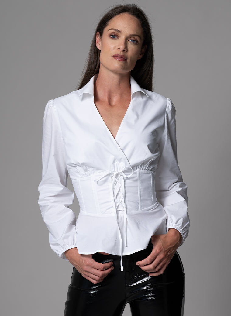 BONITA IVORY WAIST DEFINING COTTON POPLIN CORSET SHIRT