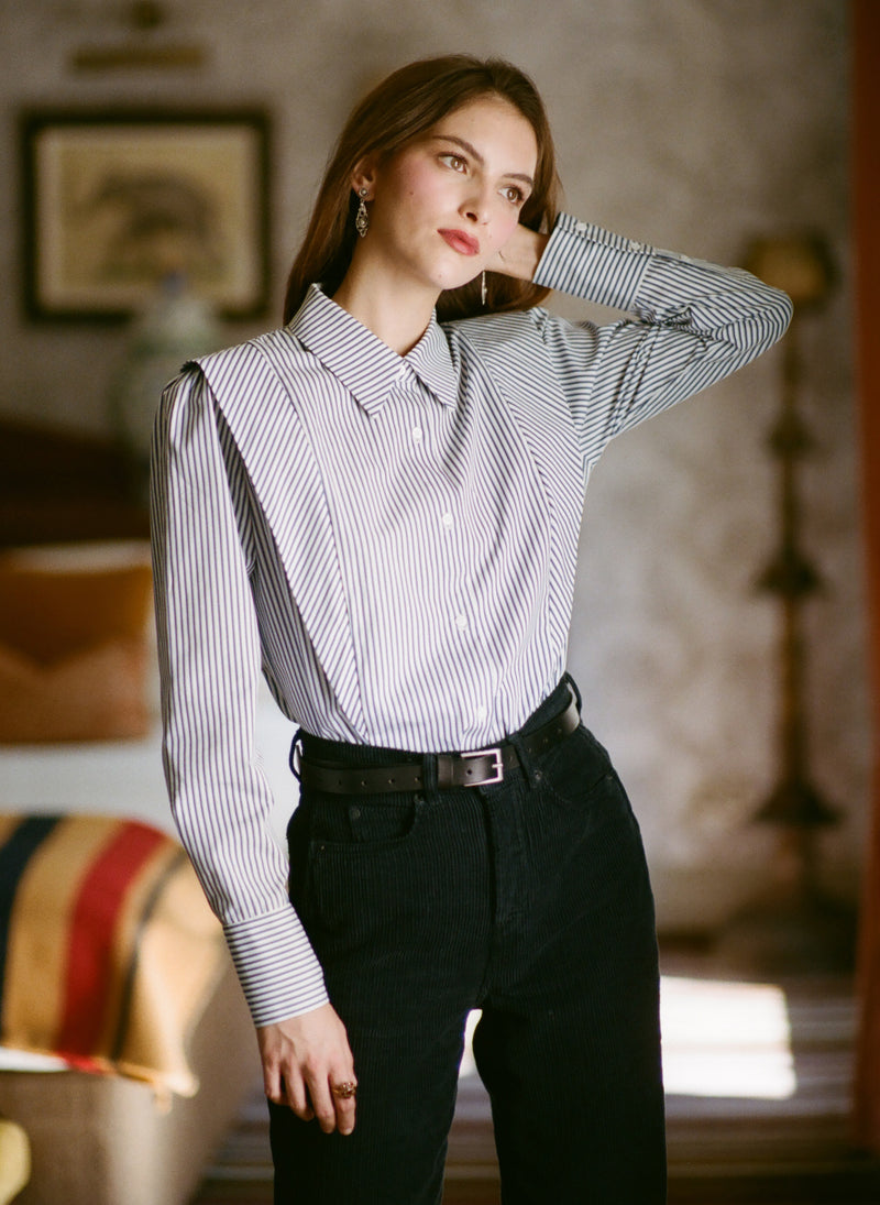 Brooke Navy & White Stripe V-Line Silhouette Tailored Cotton Shirt