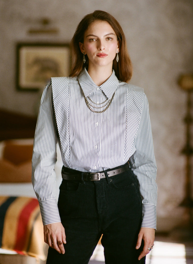 Brooke Navy & White Stripe V-Line Silhouette Tailored Cotton Shirt