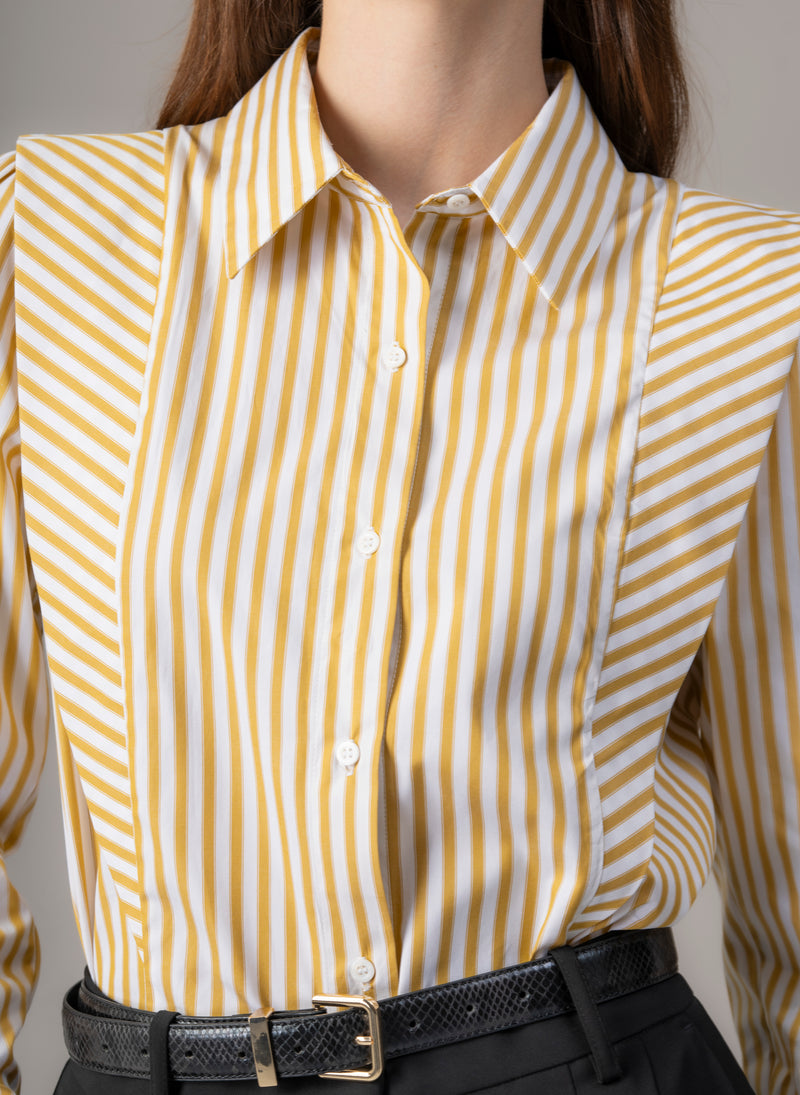 Brooke Ochre & White Stripe V-Line Silhouette Tailored Cotton Shirt