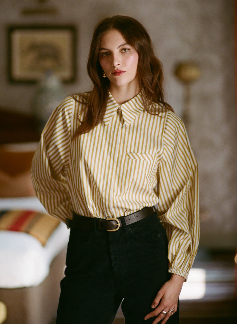 Candice Gold Stripe Contemporary Blouson Sleeve Cotton Shirt
