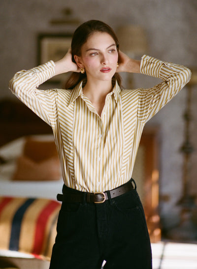 Brooke Gold & White Stripe V-Line Silhouette Tailored Cotton Shirt