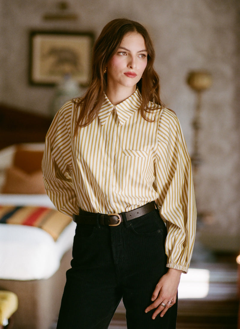 Candice Gold Stripe Contemporary Blouson Sleeve Cotton Shirt