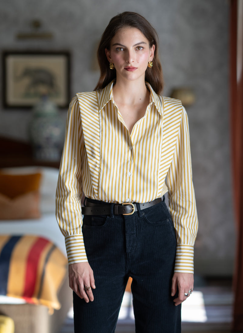 Brooke Gold & White Stripe V-Line Silhouette Tailored Cotton Shirt